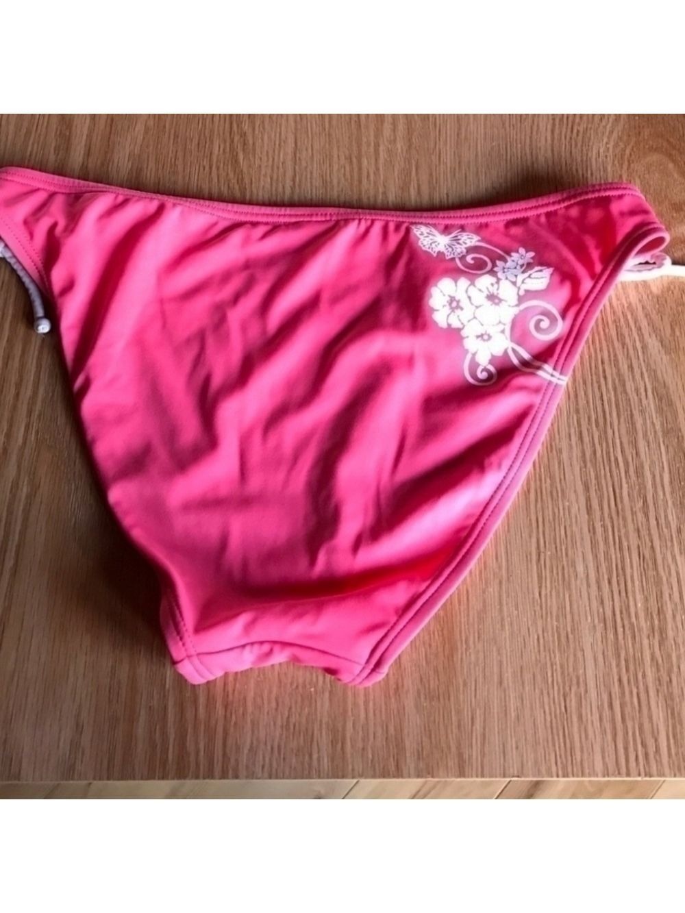 Pink Bikini Bottom Swimsuit Bottom Butterfly and Flower Print on back of Suit